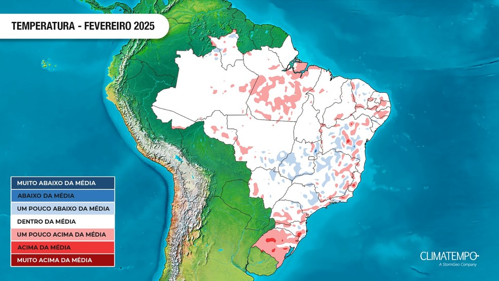 Mapa indica a previsão de temperaturas acima e abaixo da média no mês — Foto: Reprodução/Climatempo