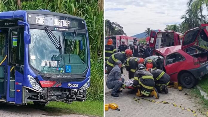 Acidente entre ônibus intermunicipal e carro na rodovia SP-55 deixa morto e ferido em Caraguatatuba (SP) nesta terça-feira (04)