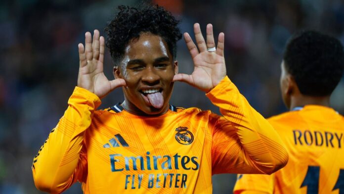 Endrick comemora gol pelo Real Madrid com 'careta' de Neymar