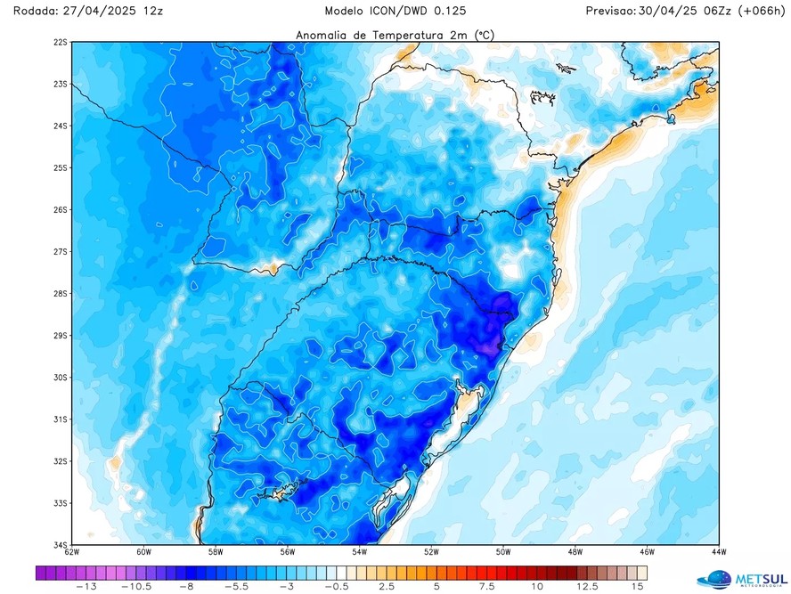 Mapa mostra queda das temperaturas no Sul do Brasil