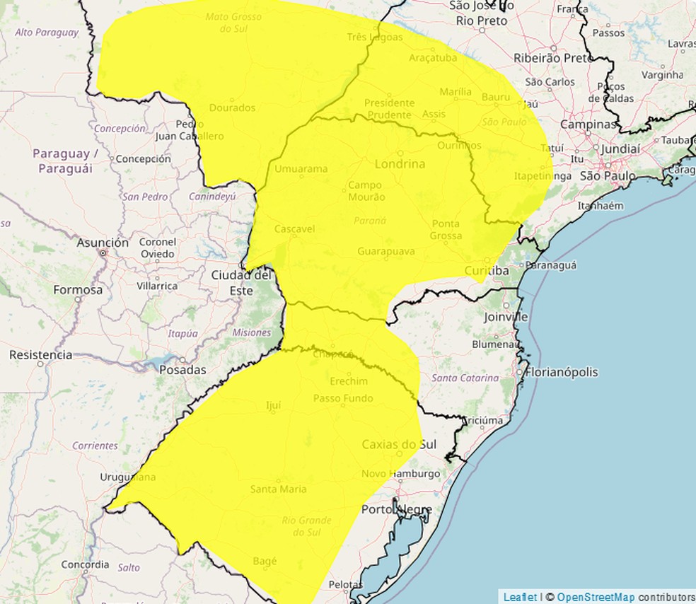 Inmet alerta para risco leve de perdas de plantações em áreas sob alerta amarelo — Foto: Inmet