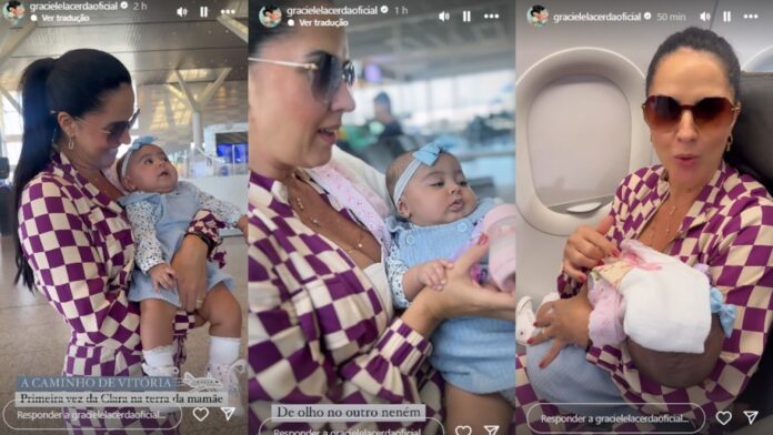 Graciele Lacerda faz primeiro voo comercial com a filha Clara: ‘Rumo ao Espírito Santo’