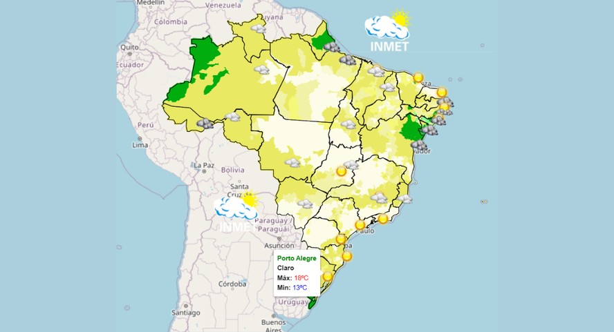 Previsão para tarde desta segunda-feira (16) indica poucos focos de chuva (verde) e temperaturas em elevação