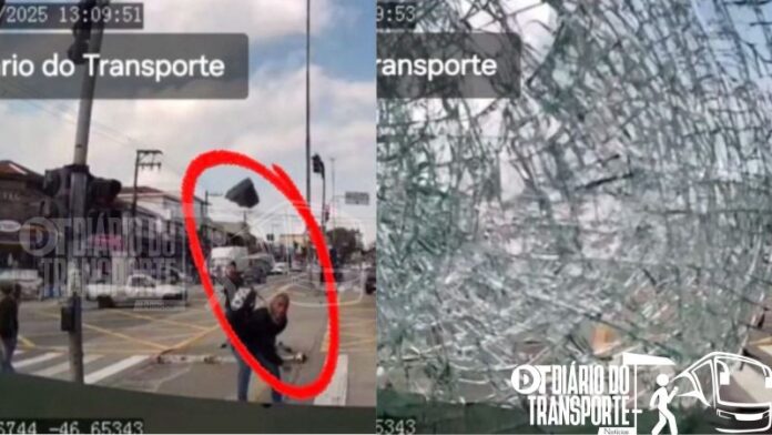 VÍDEO DO EXATO MOMENTO mostra homem apedrejando ônibus da Mobibrasil na zona Sul de São Paulo. A cena impressiona e mostra os riscos a que são submetidos os motoristas