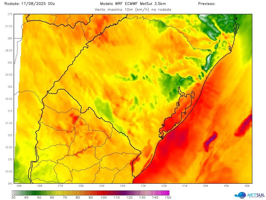 Previsão de rajadas de ventos no Rio Grande do Sul