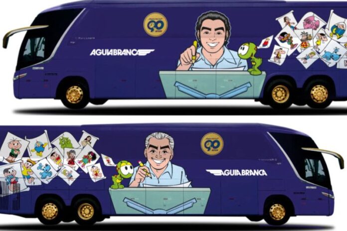 Viação Águia Branca apresenta ônibus personalizado em homenagem aos 90 Viação Águia Branca apresenta ônibus personalizado em homenagem aos 90 anos de Mauricio de Sousa, criador da Turma da Mônica