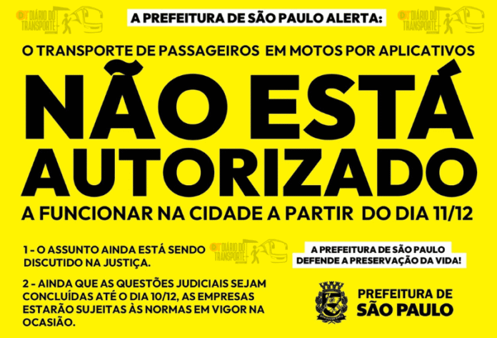 Oficialmente, prefeitura de São Paulo diz que mototáxis não estão liberadas a partir de 11/12 e que ainda tenta reverter na Justiça até lá
