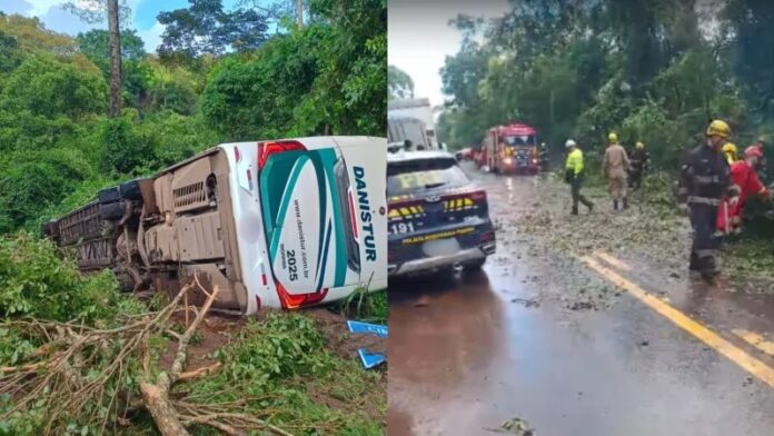 Ônibus da empresa Danistur tomba na BR-153, em Anápolis (GO), e deixa feridos na tarde desta segunda-feira (26)