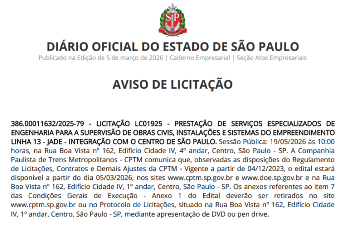 CPTM abre licitação para supervisão das obras de integração da Linha 13-Jade com o centro de São Paulo