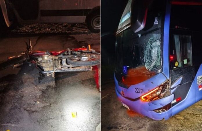 Colisão entre ônibus e motocicleta deixa um morto na RN-117 na noite desta quinta-feira (19)