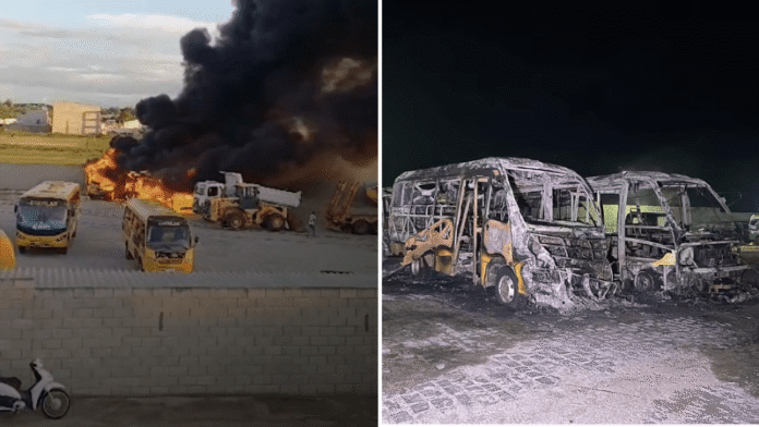 Micro-ônibus escolares são totalmente destruídos por incêndio em garagem em Queimadas (PB) neste sábado (28)