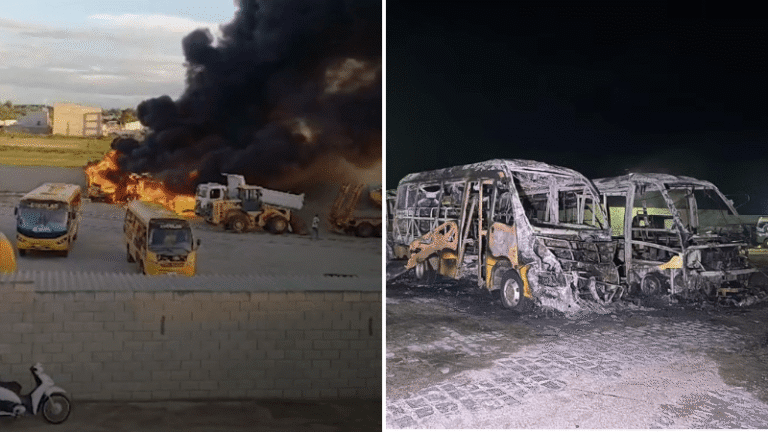 Micro-ônibus escolares são totalmente destruídos por incêndio em garagem em Queimadas (PB) neste sábado (28)