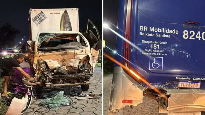 Acidente entre ônibus intermunicipal da BR Mobilidade e caminhão deixa feridos em São Vicente (SP)