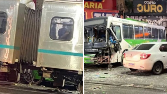 Colisão entre ônibus e trem da SuperVia deixa homem ferido em São João de Meriti (RJ)