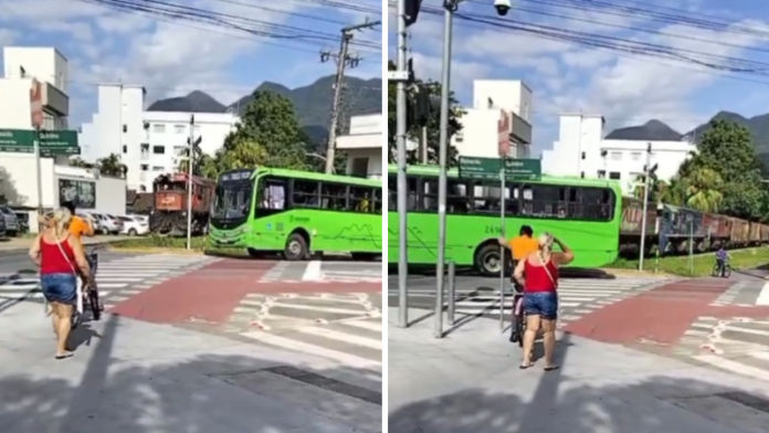 Ônibus escapa por pouco de ser atingido por trem em passagem de nível em Jaraguá do Sul (SC)